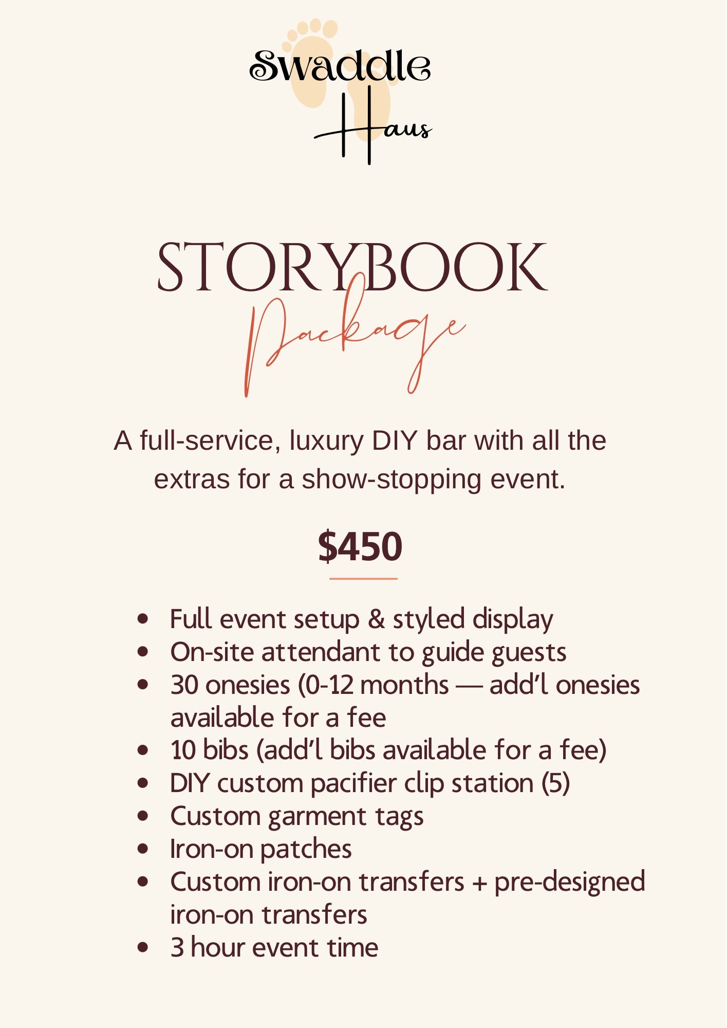 Storybook custom onesie and bib iron on bar package for baby showers and baby sprinkle