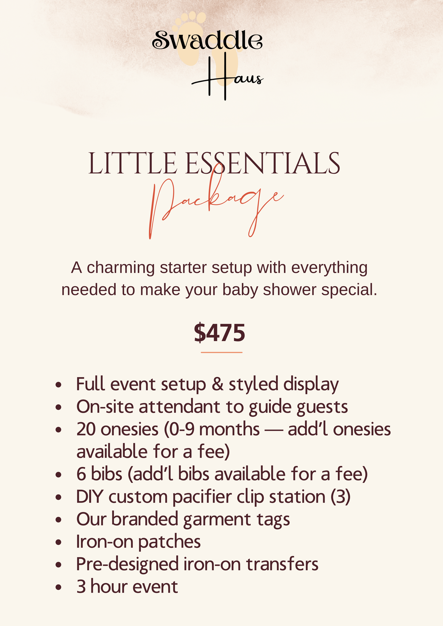 Little essentials onesie and bib iron on bar package for baby showers and baby sprinkle