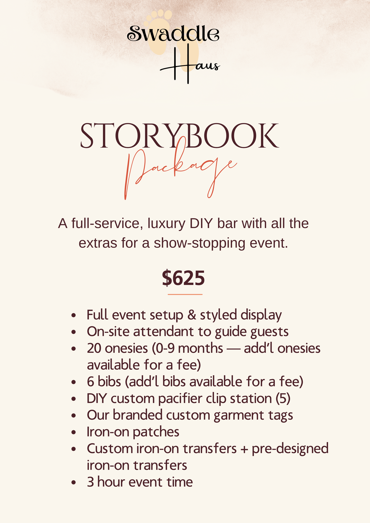 Storybook custom onesie and bib iron on bar package for baby showers and baby sprinkle