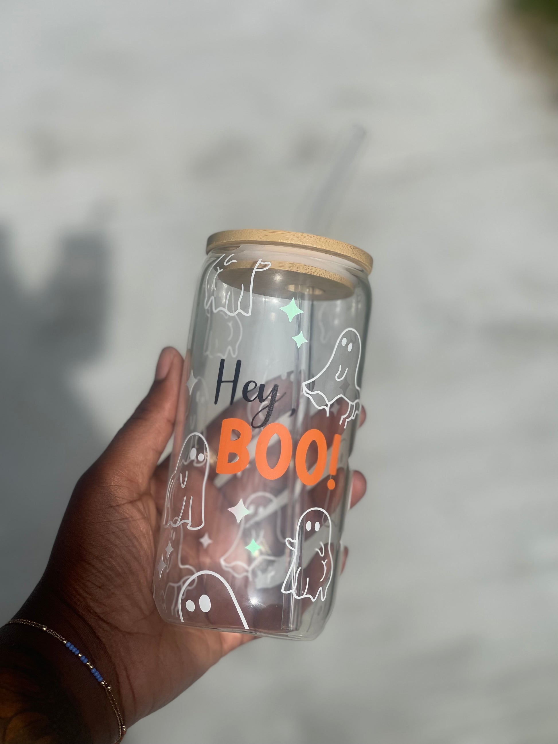 hey boo halloween 2023 ghost booty glass can cup with bling and drip 