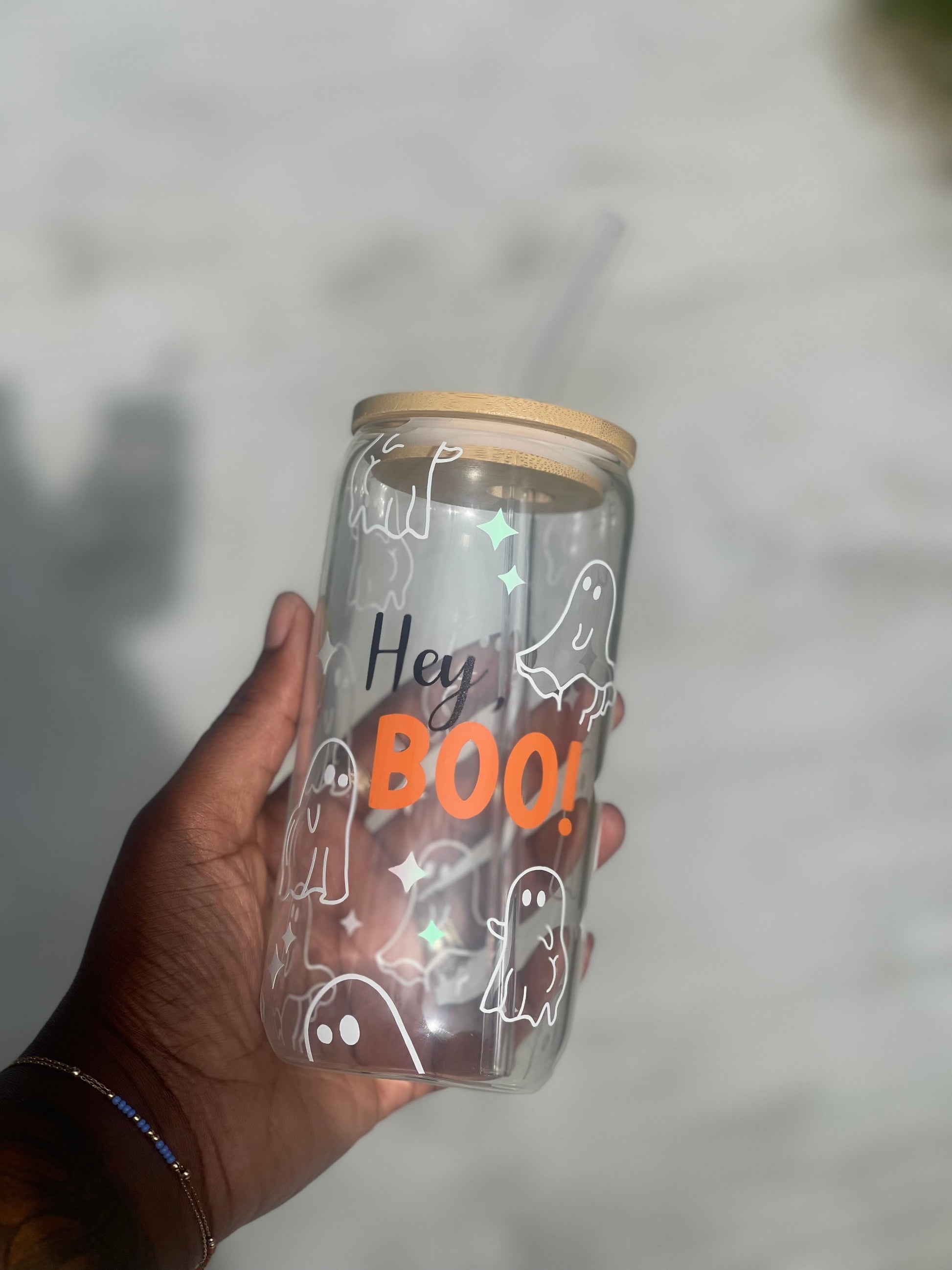 hey boo halloween 2023 ghost booty glass can cup with bling and drip 