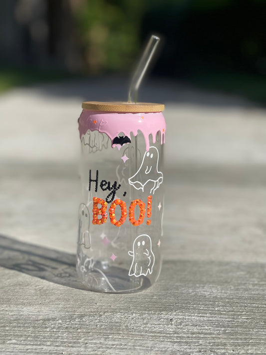 hey boo halloween 2023 ghost booty glass can cup with bling and drip 