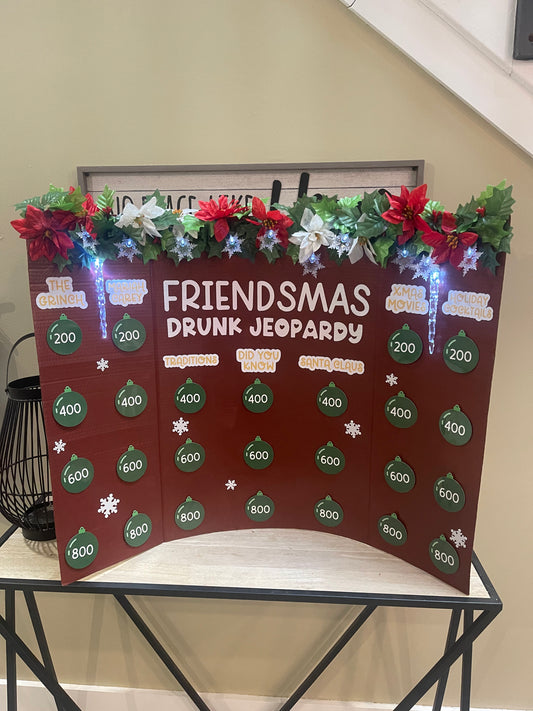 Friendsmas drunk jeopardy Christmas party drinking game ideas