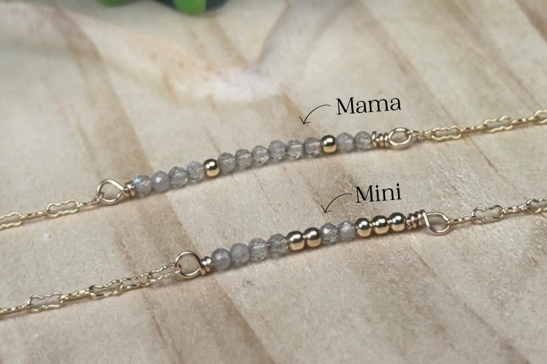 14k gold filled mommy and mini  gemstone morse code dainty keepsake sentimental bracelet mommy + me 