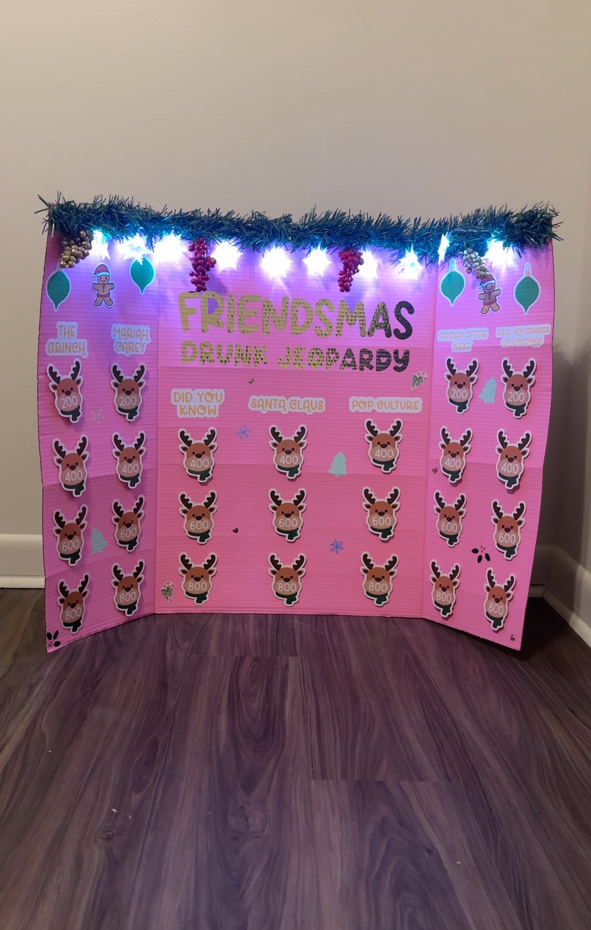 Pink Friendsmas digital drunk jeopardy Christmas party drinking game ideas 