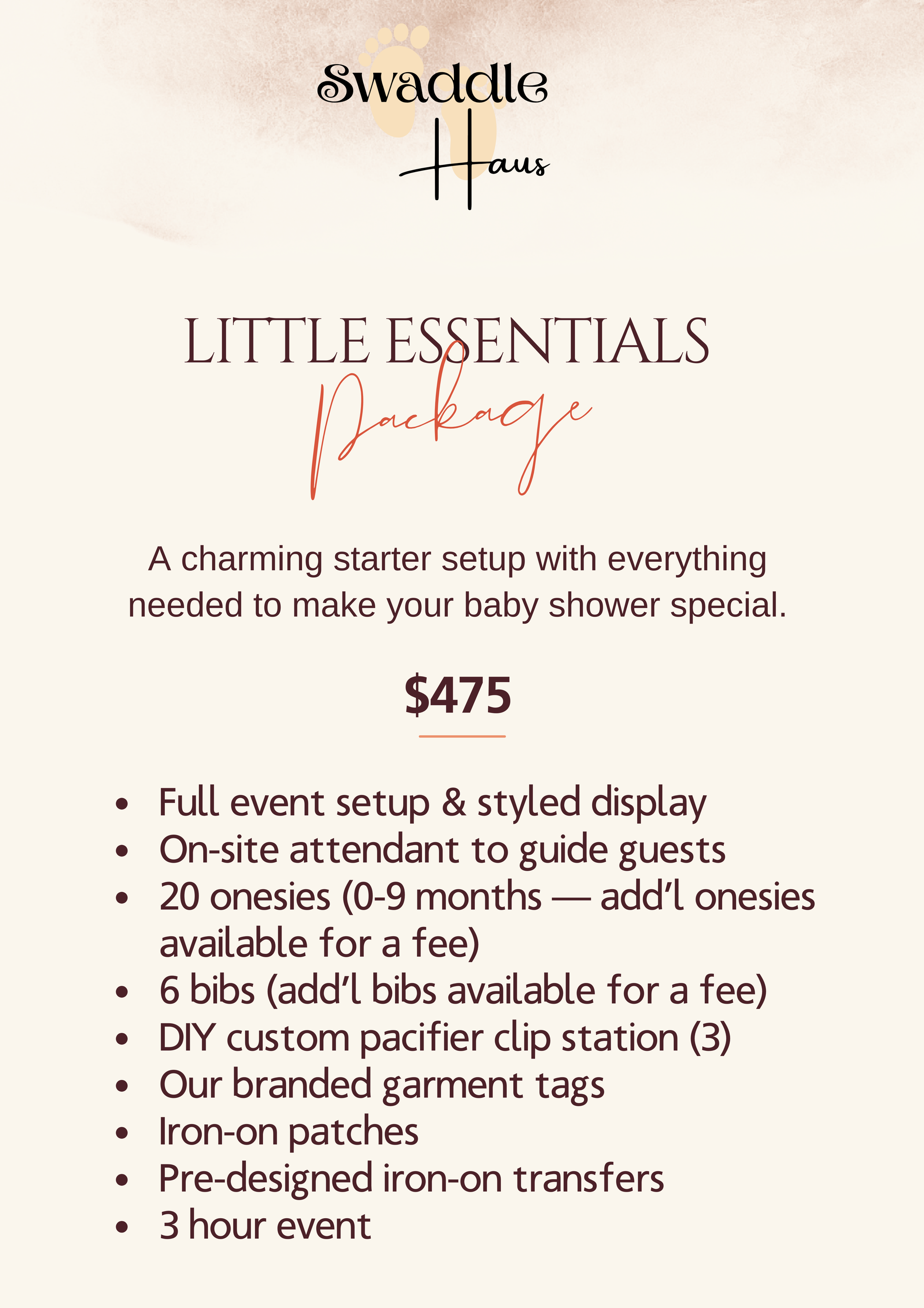 Little essentials onesie and bib iron on bar package for baby showers and baby sprinkle