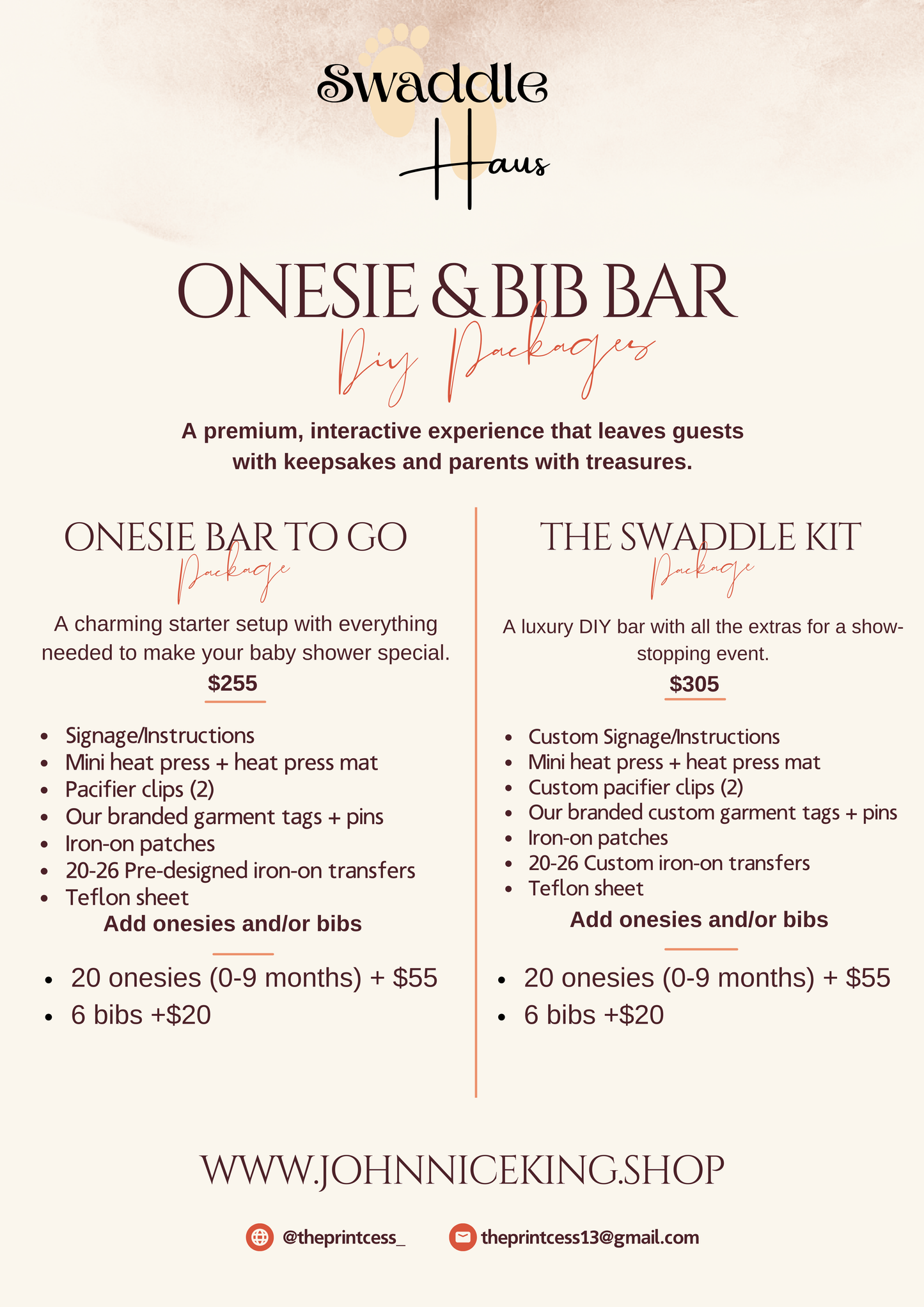 Promotional flyer for Swaddle Haus Onesie & Bib Bar with pricing and product details. DIY shippable onesie and bib bar packages for baby shower  