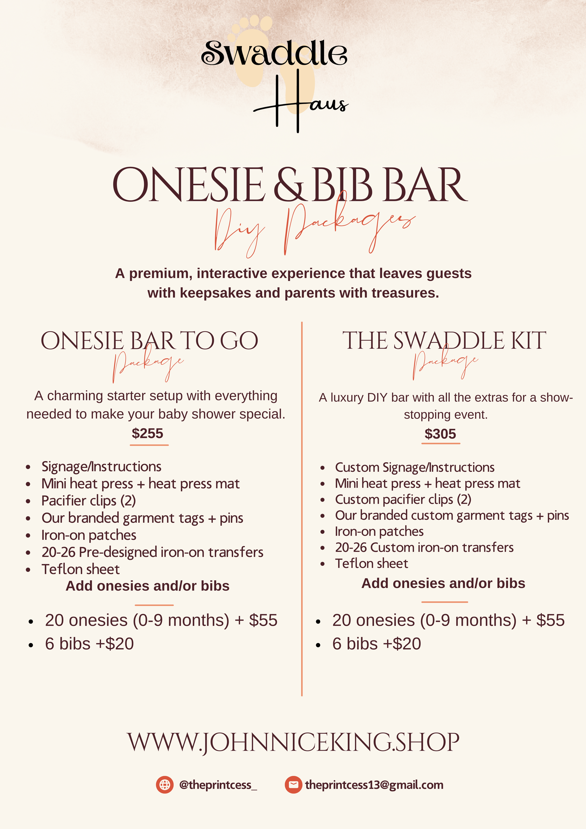 Promotional flyer for Swaddle Haus Onesie & Bib Bar with pricing and product details. DIY shippable onesie and bib bar packages for baby shower  